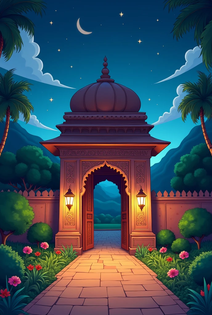 Anderi raat m haveli ka darwaza cartoon type main or image landscape mein chaiye