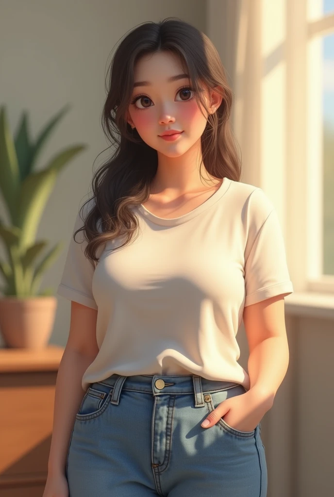 Créez une image réaliste d'une jeune femme avec des formes généreuses, arborant un style d'adolescente légèrement enrobée. Elle a un visage doux et innocent, avec des joues légèrement rondes et un sourire timide. Son corps est plein et voluptueux, avec des hanches larges, une poitrine bien développée, un ventre arrondi et des cuisses charnues, tout en conservant une allure jeune et fraîche. Elle porte une tenue décontractée mais flatteuse, comme un t-shirt légèrement ample et une jupe plissée ou un jean ajusté, dans des couleurs pastel ou neutres qui ajoutent à son allure douce et modeste. Ses cheveux sont longs, peut-être attachés en une queue de cheval ou laissés lâches avec de légères ondulations, encadrant son visage de manière naturelle. Ses yeux sont grands et expressifs, légèrement baissés comme si elle était un peu timide, et son maquillage est minimal, accentuant seulement sa jeunesse et sa fraîcheur naturelle. L'éclairage est doux et naturel, créant une ambiance chaleureuse qui met en valeur sa beauté jeune et sa timidité délicate.

