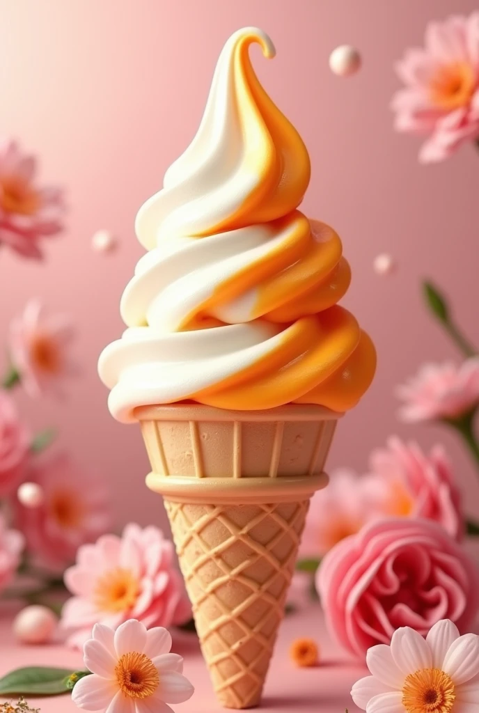 A cone of Italian ice cream flavored with papaya and condensed milk, the background of the image is very feminine with lots of pink, and opening hours until 10pm.