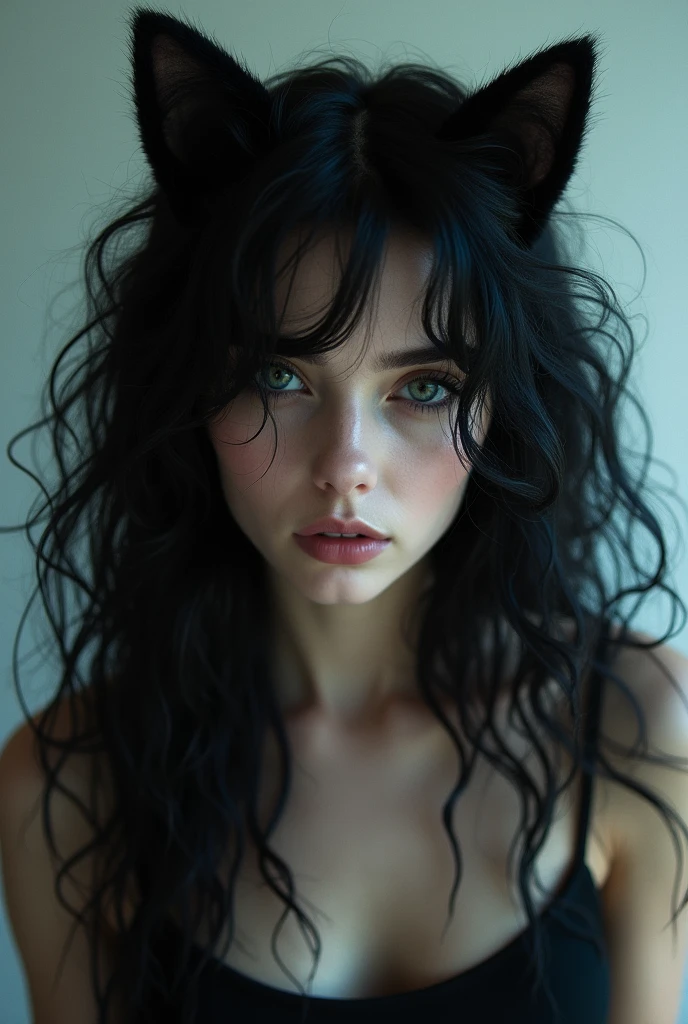 arafed woman in a black dress with cat ears and a black dress, curly dark hair, black long curly hair, long black curly hair, long dark curly hair, with haunted eyes and curly hair, curly black hair, black curly hair, long wild black curly hair, long curly black hair, soft portrait shot 8 k, long curly hair intricate