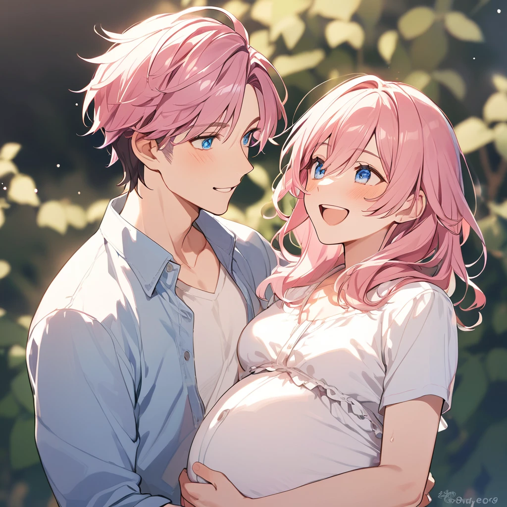 male pregnant, pink hair, blue eyes, happy