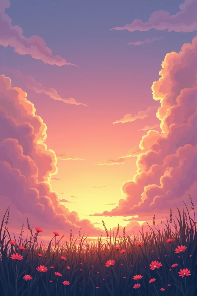a sky at dusk,with a gradient from pink to orange and yellow, that have clouds that appear to be purple,and you can see the grass with little flowers,now add more details,leave figurative mebos
