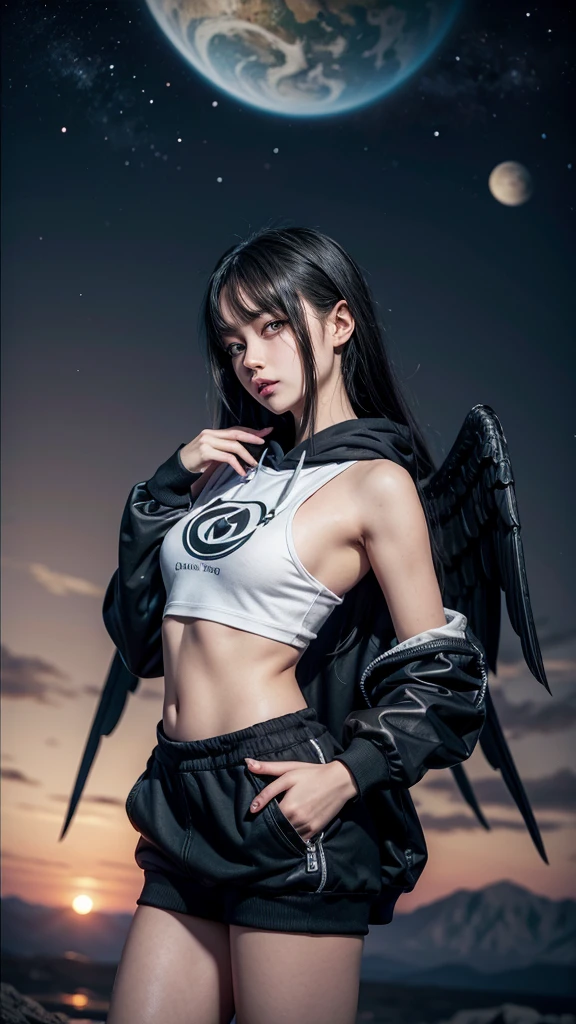 There is a woman with wings behind her shoulder blades, and a planet in the background, 3D rendering of a cute anime girl, de Trevor Brown, unknown zodiac sign, inspired by Illarion Pryanishnikov, black hair girl, brown skin, with hoodie, Full lips long black hair trend in artstaion, qifenglin, poster, technological clothing, low angel