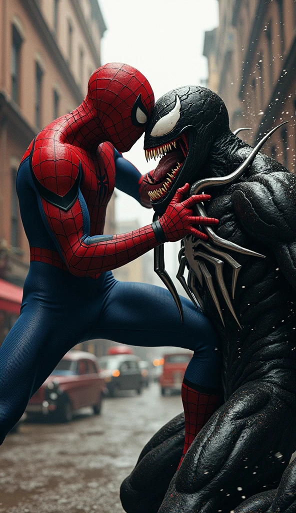 Spider-Man fights with every fiber of his being, trying to maintain control as the creature feeds his darkest doubts and fears. The villain, the venum simbiose, absorbs and amplifies Peter's inner chaos, turning him into a devastating force. In the midst of the confrontation, Peter realizes that in order to defeat this threat, he will have to face the truth he fears most: the darkness within him. Retro comic style artwork, perfect composition,hyperrealistic,super detailed,high quality,sharp focus,studio photo,intricate details,highly detailed