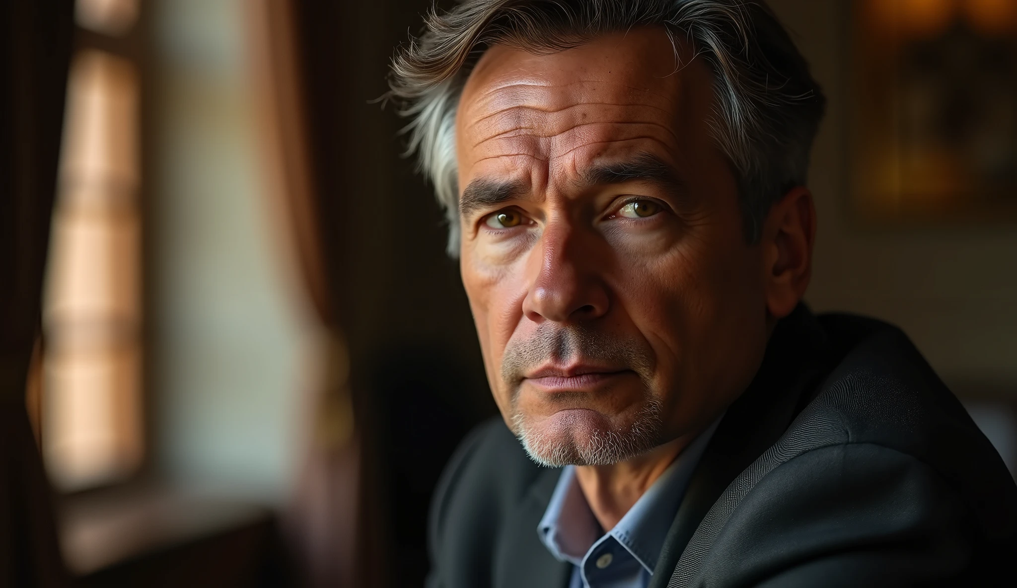 Ultra-realistic portrait of a businessman, a handsome man in his 50s, the main subject of the picture. He should have brown eyes and short, neatly combed brown-gray hair, his face is well groomed and he is unshaven and without a moustache. He has a serious expression and looks directly at the camera with an air of stateliness. He is in an indoor environment, suggesting an office in a large traditional mansion, with natural light coming from the side, creating a soft effect that creates diffuse shadows, enhancing the texture of the skin and the brightness of the eyes, and highlighting the angular features of the face. The background should be wide and blurred, creating a sense of depth and containing everything that makes up the setting of an office in a large mansion, without taking focus away from the main subject. The image should convey a warm and introspective feeling, with a touch of mystery and contemplation. The photo should capture extreme detail, with high quality 8k rendering, while maintaining the serene and enigmatic atmosphere. High quality photography, 8k rendering, extreme detail, realistic portrait, introspective atmosphere, soft and diffused lighting, natural light.