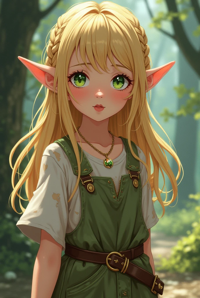 little elf girl anime, with long blonde hair, with a braid on the side, with green eyes with a rose quartz necklace that wraps it in gold, with big clothes, old and dirty
