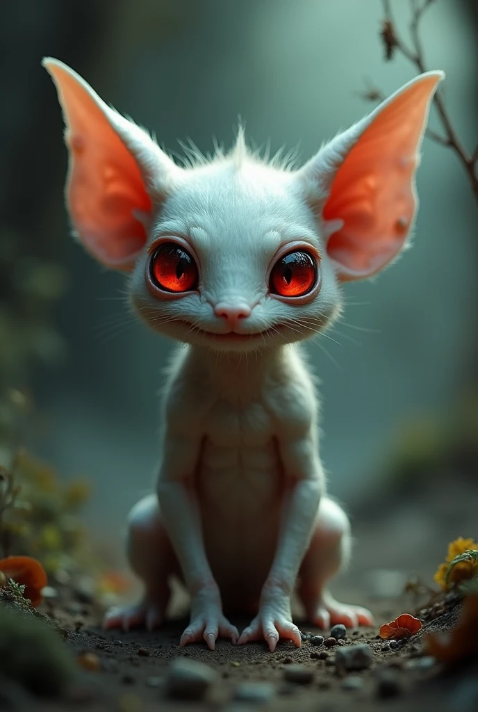 tamanho: The creature appears to be small in relation to its surroundings..
ears: The ears are large and prominent, suggesting heightened hearing or an important role in the creature's communication.
teeths: The textual description mentions small, sharp teeth, like mini knives.
eyeballs: eyes are red and bright, indicating a possible adaptation to night vision or a sinister aspect.
Fear of light: This feature suggests that the creature may have a paler appearance or have some physical feature that protects it from light..
