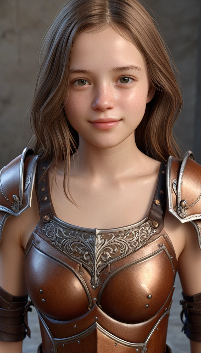 1 pretty girl, leather armor, friendly, smile,
8k, RAW, best quality, ultrarealistic, photorealistic, natural skin, detailed skin, (skindentation:0.3)