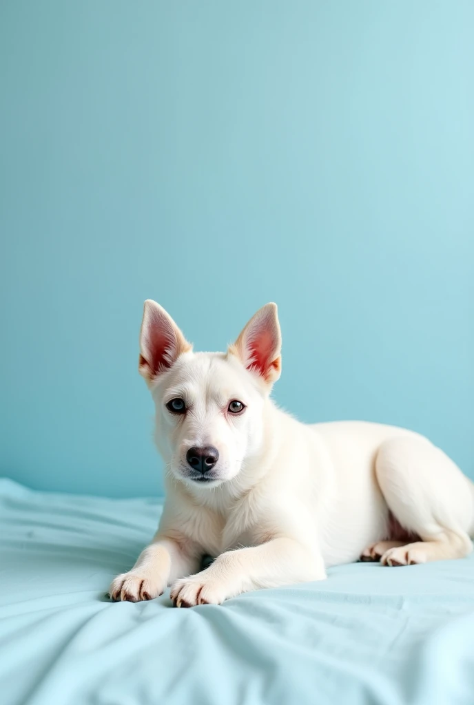 image where a white terrier (dog) He is lying on a bed with his front paws in front, que salga el dog completo, that serves as a model for a logo for a toilet paper brand and a sky blue background


