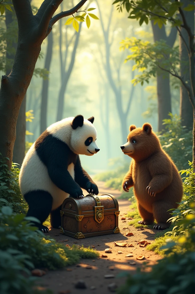 Make a picture of a panda bear and a brown bear in the forest with a treasure chest