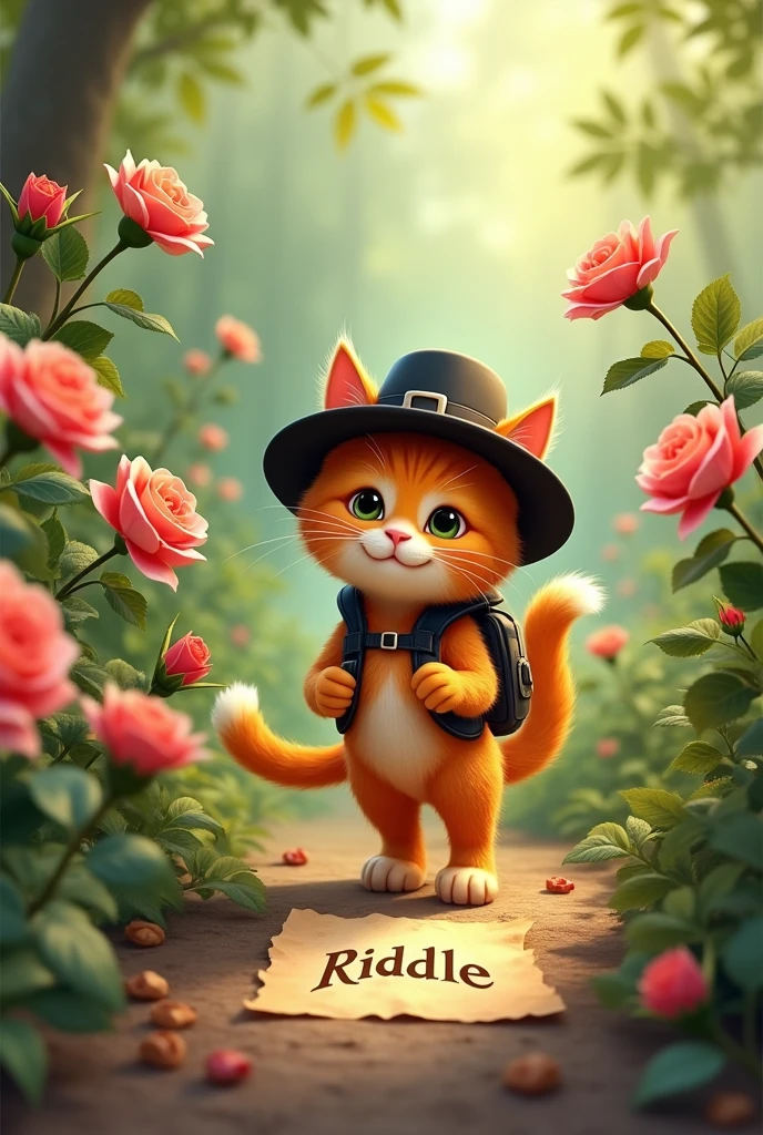imagine /a wishker orange cat with black hat and back pack clue led him to a cluster of roses in the garden find a riddle carved on a papaer aspect ratio 16 : 9 for cartoon generate