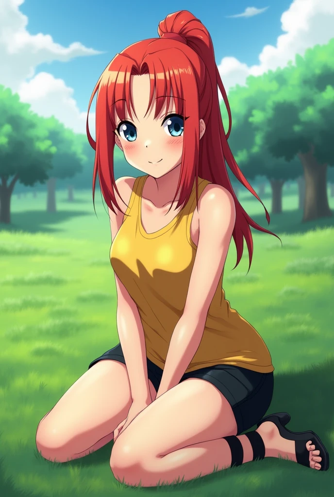 KUSHINA UZUMAKI œuvre haute qualité,1, seulement, visage expressif et bien détaillé. Cheveux ROUGE, yeux bleu, cheveux long ,queue de cheval ,serrures latérales, T-shirt jaune foncé sans manche ,pantalon court noire foncée, chaussure AVEC orteils NOIRES, 1fille TEINT CLAIR légèrement pale, seulement, face au spectateur, regarder le spectateur, sourire, rougissement léger. elle se trouve dans une plaine végétale meilleure qualité.