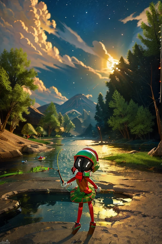 (Marvin the Martian) a cute woman, extremely detailed, extremely small martian invader outfit, fishing at an alien lush pond, holding a bucket full of slimy tentacles for bait, extremely detailed eyes, beautiful detailed lips, longeyelashes, beautiful detailed face, 1girl, digital art, concept art, oil painting, 8k, high quality, masterpiece, photorealistic, ultra-detailed, physically-based rendering, vivid colors, studio lighting, sci-fi, alien landscape, fantasy (camera angle is low looking up at butt, focus on butt)
