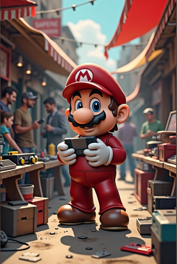 Super Mario is at a flea market stall with retro video games and a game in his hand