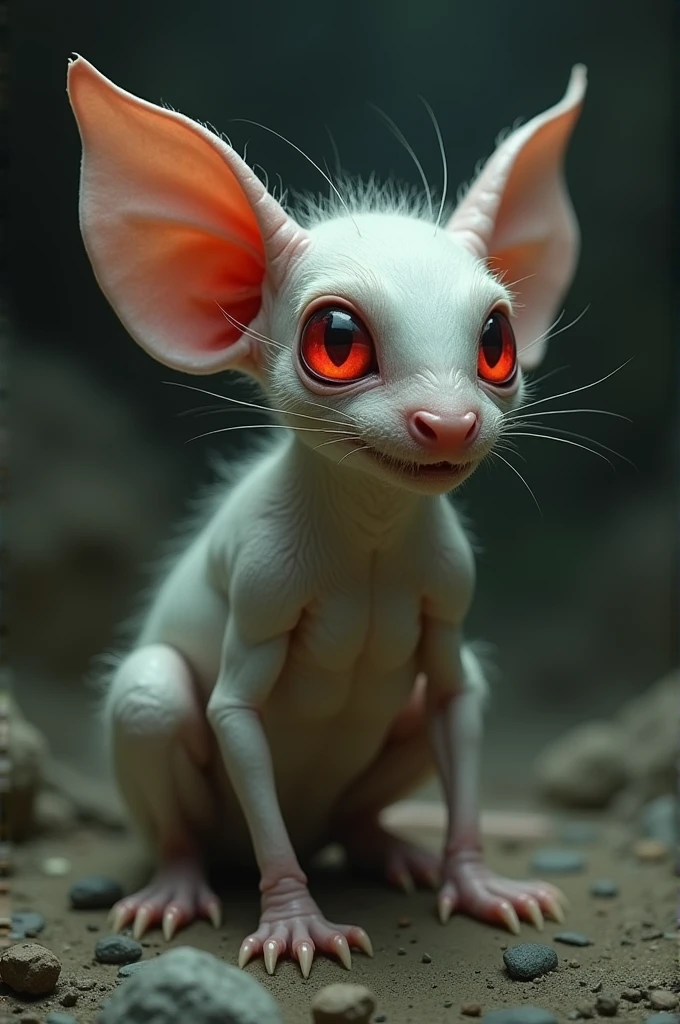 tamanho: The creature appears to be small in relation to its surroundings..
ears: The ears are large and prominent, suggesting heightened hearing or an important role in the creature's communication.
teeths: The textual description mentions small, sharp teeth, like mini knives.
eyeballs: eyes are red and bright, indicating a possible adaptation to night vision or a sinister aspect.
Fear of light: This feature suggests that the creature may have a paler appearance or have some physical feature that protects it from light..