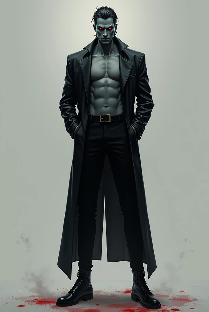 He is 1.80 meters tall, with medium-length, spiky black hair slicked back. He has dark skin with a bluish tone and red eyes. He carries an immense sense of superiority over others, demanding that everyone kneel before him. He wears just black pants with boots, keeps his hands in his pockets, and has a terrifying gaze.