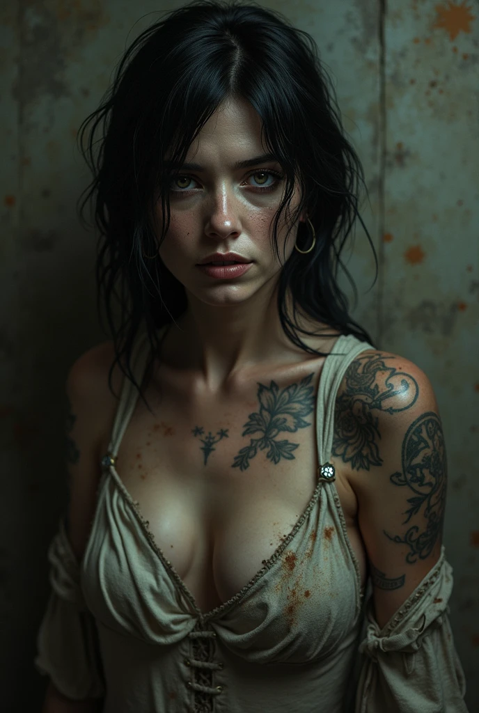 (best quality, hyperdetailed photography:1.2), beautiful lady, blood dropping from mouth,,tattoo's breast,(muscular body:1.1),,dark makeup, , horror vibe, moonlight,,,,, ponytail,badass woman,,,,(massive perfect breast:1.0), (upper body portrait), (cinematic shot:1.5), (movie photography:1.2), cinematic lights,, (naked breast),(ultra detailed skin texture:1.3)