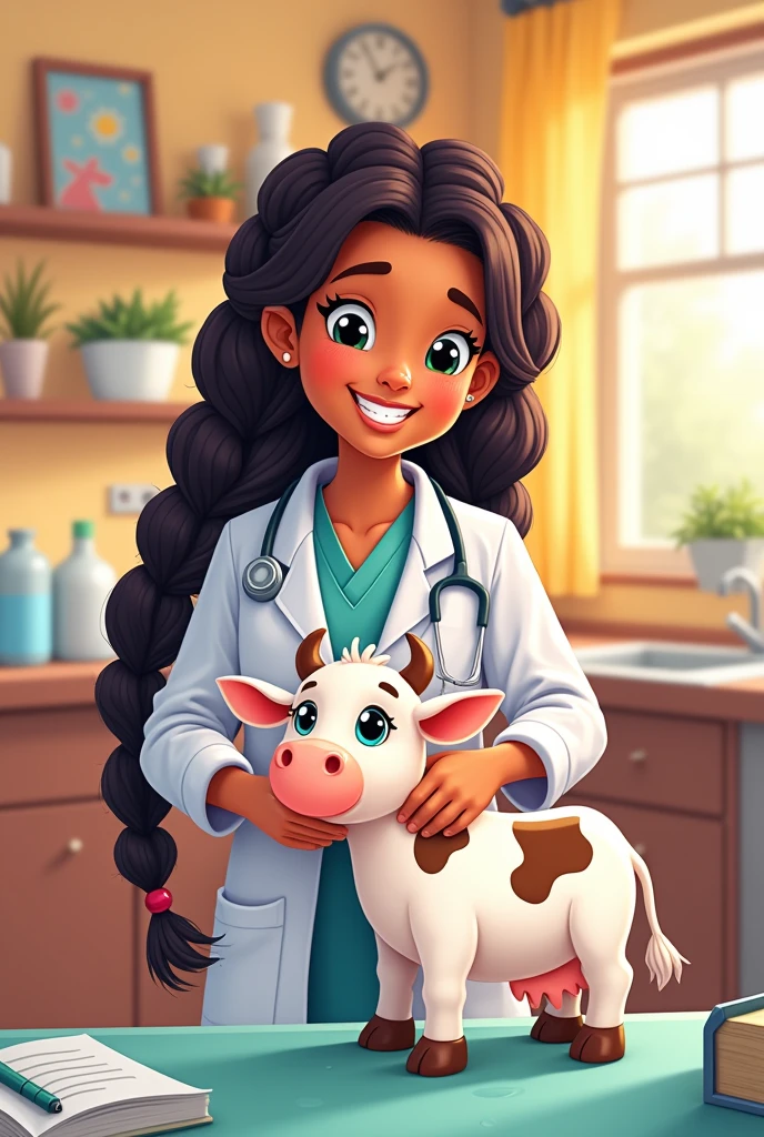 Create a cartoon drawing of a veterinarian with long braided hair and a baby cow