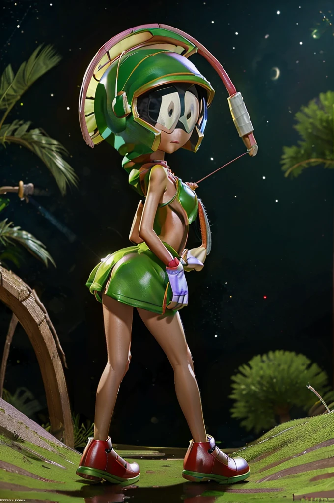 (Marvin the Martian) a cute woman, extremely detailed, extremely small martian invader outfit, fishing at an alien lush pond, holding a bucket full of slimy tentacles for bait, extremely detailed eyes, beautiful detailed lips, longeyelashes, beautiful detailed face, 1girl, digital art, concept art, oil painting, 8k, high quality, masterpiece, photorealistic, ultra-detailed, physically-based rendering, vivid colors, studio lighting, sci-fi, alien landscape, fantasy (camera angle is low looking up at butt, focus on butt)
