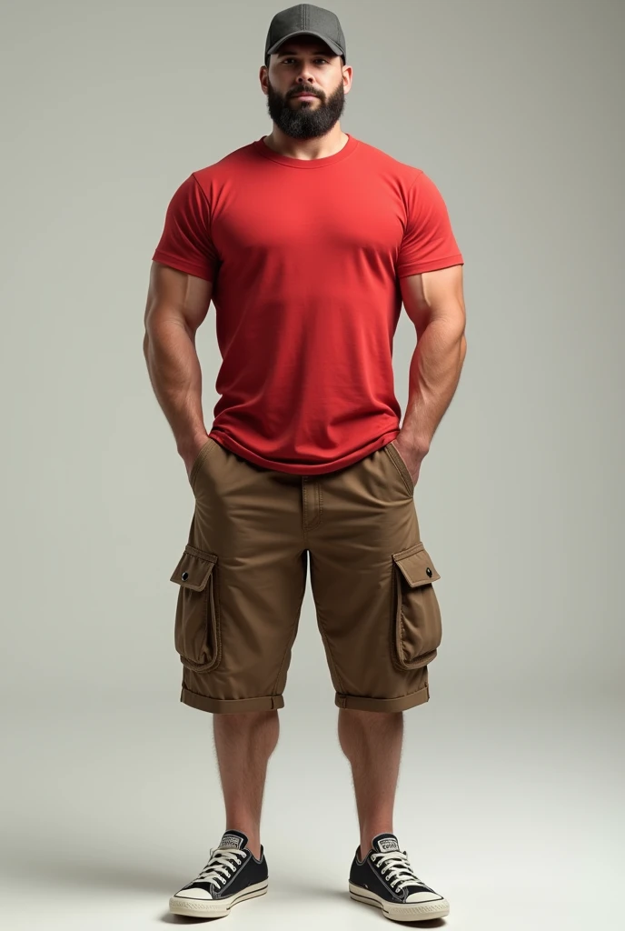 Muscular man wearing a shirt with long shorts Long loose shorts With pockets on the sides with converse sneakers red T-shirt and brown shorts Long short, Normal musculature With beard and baseball cap Realistic musculature 