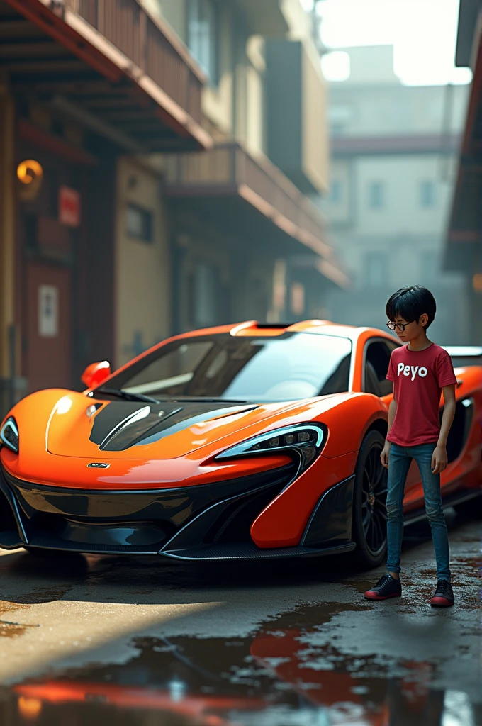 Lamborghini car with û humai. next to it with a t-shirt that says peyo