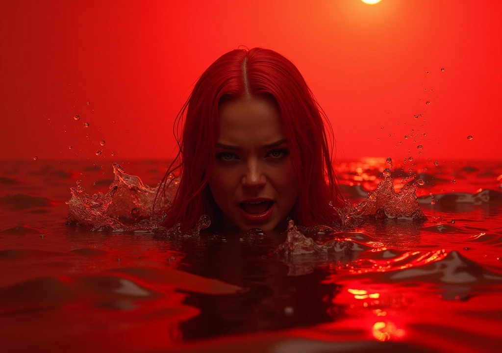red-haired woman,drowning in a red sea