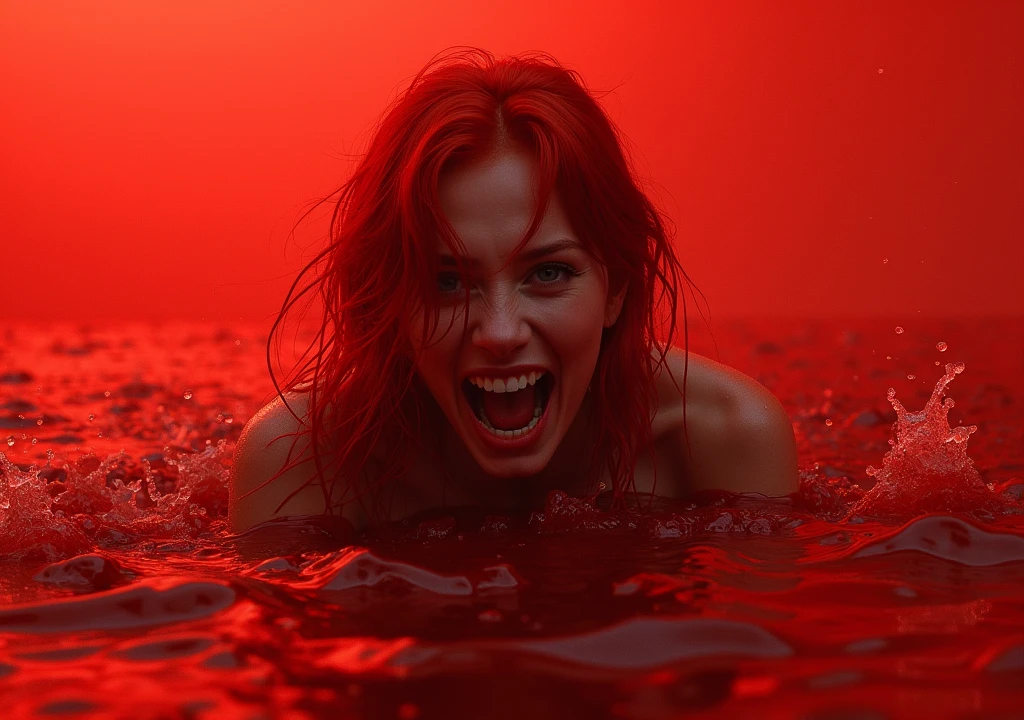 red-haired woman,drowning in a red sea 