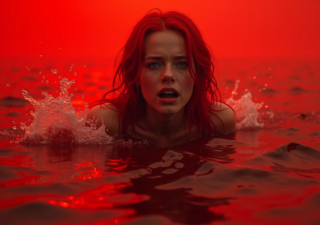 red-haired woman,drowning in a red sea