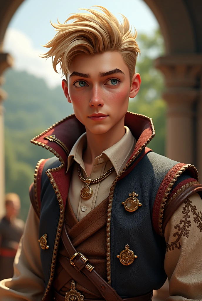 A bard, Mediovale, masculine, naughty man, Youngh, 18-years old, blue eye, blond, stripped hair, rich face, in 3d style, gallant face, snobbish face