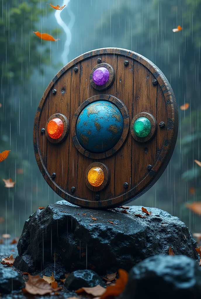 Earth symbolic included wooden shield on black rock with heavy rain and thunder weather condition, There should be five different gems on the shield. With some leafs on flaying on air with heavy rain