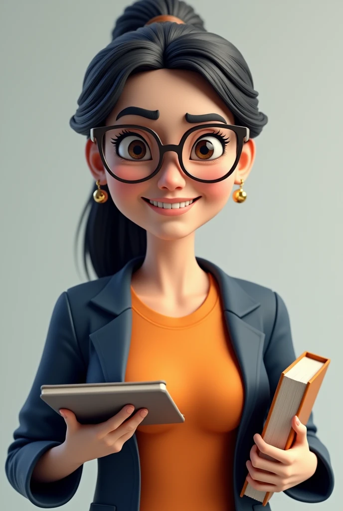 Full body female avatar, teacher holding books, glasses on face with corners pulled out , captivating smile, age 45 years, full face with teeth showing in the mouth, jeans, sports shoes, glare eyes, dark hair tied, orange t-shirt with a dark navy blue lab coat over it, 3 small hoop earrings lined up on the ear like earrings , small ear dark brown eyes shoulder length hair tied up. 3D style