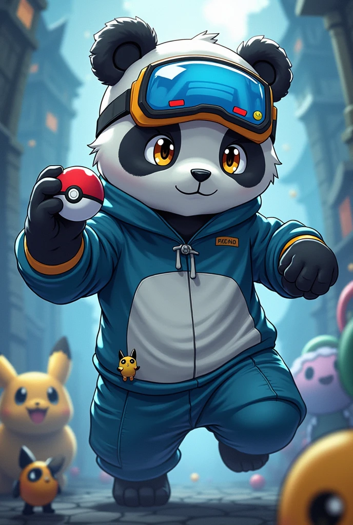 J'aimerais un panda avec un style "manga" se trouvant dans le monde pokemon. Avec un tenue blanc et bleu clair et un casque gaming sur la tête, tous en ayant un mini ectoplasma de couleur jaune et noir sur l'épaule gauche et une pokeball dans la main droite. Il faudrait qu'il est un flow "dark"