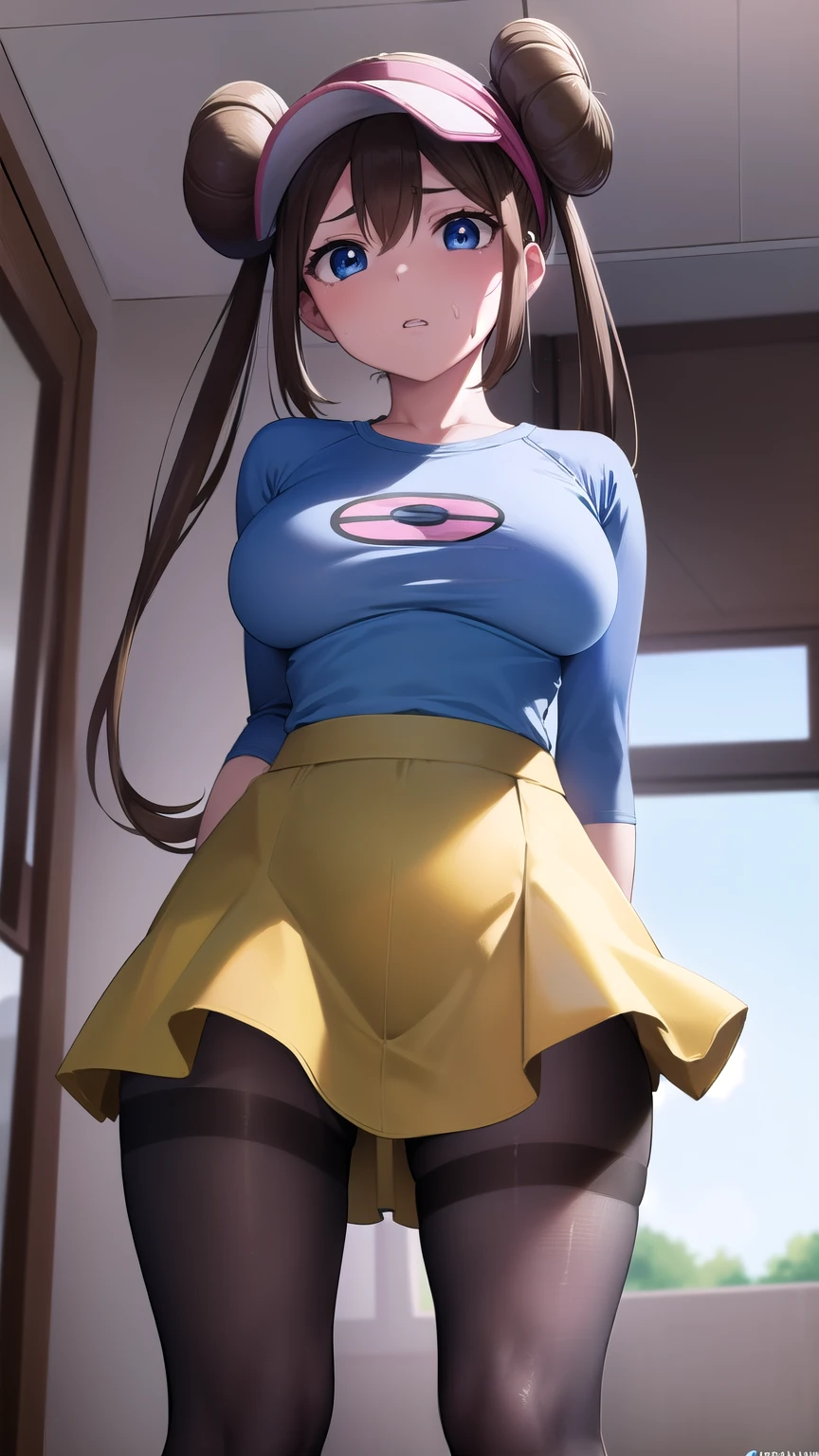 Rosa, Rosa, Brown Hair, Double Bang, doughnut Hair Bun, Hair Bun, blue eyes, Hair between the eyes, Twin tails, Large Breasts, Open your mouth,
break pantyhose, (Pantyhose under shorts), Raglan sleeves, skirt, (yellow skirt), White shirt, Blue Sleeve, Long sleeve, Visor Cap,
break looking at viewer, Upper Body, whole body,
break outdoors,
break (masterpiece:1.2), Highest quality, High resolution, unity 8k wallpaper, (figure:0.8), (Beautiful attention to detail:1.6), Highly detailed face, Perfect lighting, Highly detailed CG, (Perfect hands, Perfect Anatomy),((((Disgusted)))),pussy line,(from below),