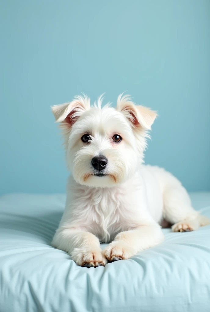 image where a white terrier (dog) He is lying on a bed with his front paws in front, que salga el dog completo, that serves as a model for a logo for a toilet paper brand and a sky blue background


