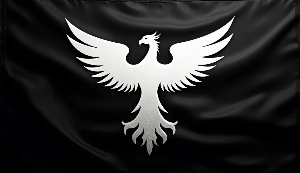 A black flag with a simplest Possible  designed white phoenix rising up in the middle of the flag