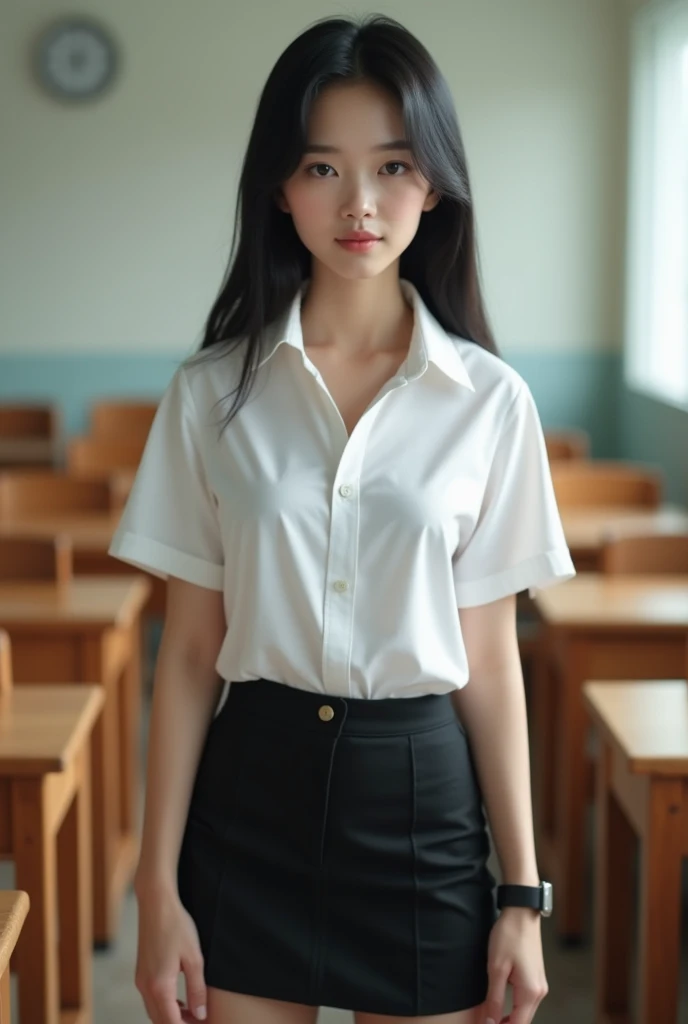 Thai women 1 are cute, chubby, with lots of cheeks with smooth skin, black stright hair, (beautiful bra, C shape), wearing a Thai student uniform, a white short-sleeved shirt, a black short skirt, a tight fit, standing and posing in a classroom. The background is a classroom, student desks and chairs. The most realistic picture.