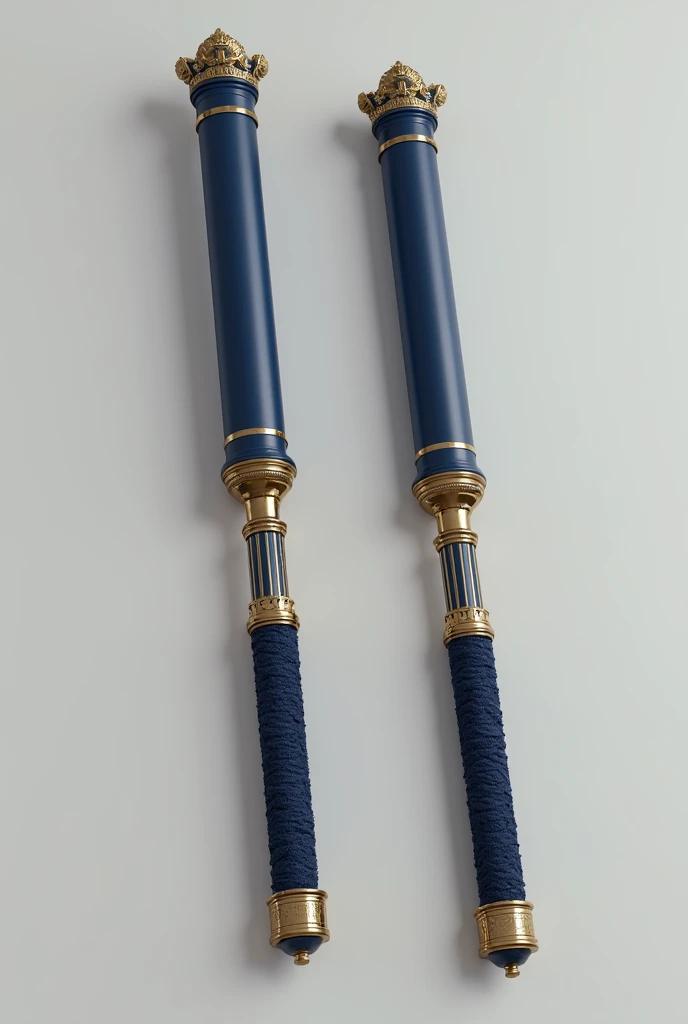 two police batons with a medium-sized handle on the side in blue with gold details