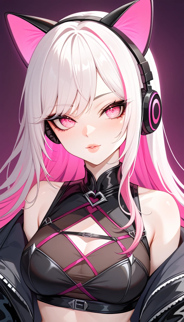 1 Girl, Medium Breasts, Demon Girl, Long White Hair, Pink Highlights In Hair, Smooth Skin, Pale Skin Tone, Nice Eyes, Light Pink Eyes, Nice Lips, Light Blush, Anime Goth Demon Girl, Wearing a Black Skirt and Lace Crop Top Shirt, Choke, Wearing Cat Ear Headphones, Ulzzang, Upper Body Shot, Close Up