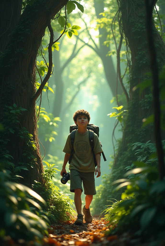 35-year-old boy, wide-eyed with a mix of curiosity and caution, wandering through the dense forest, camera in tow to document his timid journey, which involves peeking behind trees, tiptoeing over fallen leaves, direct audience perspective, intricate array of foliage overhead, dappled sunlight filtering through the canopy, framed in the artistic styles such as Unreal Engine, Greg Rutkowski, Loish, Rhads,