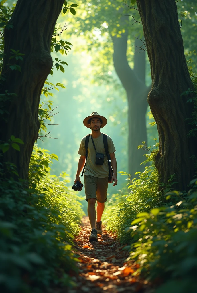 35-year-old boy, wide-eyed with a mix of curiosity and caution, wandering through the dense forest, camera in tow to document his timid journey, which involves peeking behind trees, tiptoeing over fallen leaves, direct audience perspective, intricate array of foliage overhead, dappled sunlight filtering through the canopy, framed in the artistic styles such as Unreal Engine, Greg Rutkowski, Loish, Rhads,