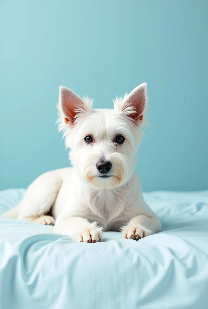 image where a white terrier (dog) He is lying on a bed with his front paws in front, que salga el dog completo, that serves as a model for a logo for a toilet paper brand and a sky blue background


