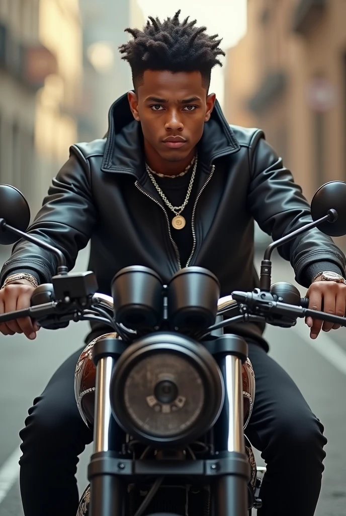 18 year old black male, com olhos castanhos, short-hair, strong and defined jaw. athletic body. Michael B inspired look. Jordan and Justin Bieber's style. Carrying a gun and riding a motorcycle