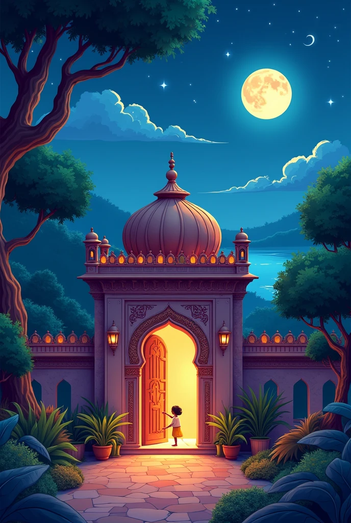 Cartoon haveli ka darwaza raat ke waqt ka or landscape main hona chahiye 