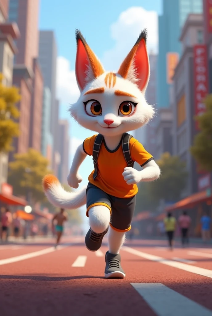 Create a Zootopia-style image of a white cat, orange-eared, with orange upper face, orange tailed, dressed in marathon runner&#39;s clothing 