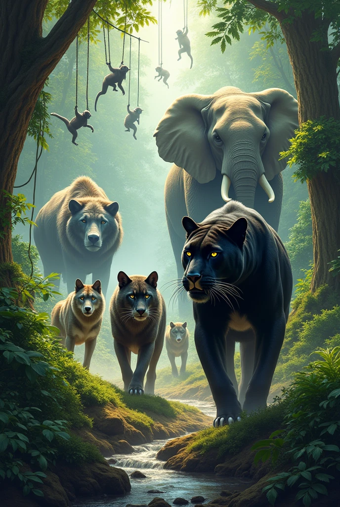 Create an image of a black panther, a wolf, A bear, a wolf, an elephant and monkeys in the jungle