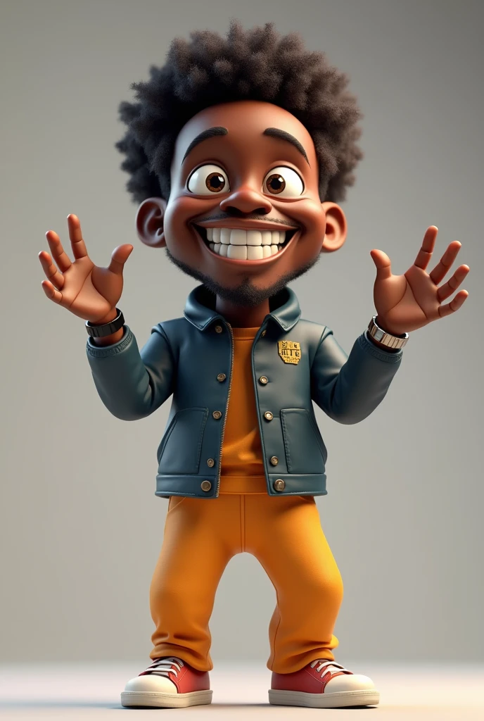 I want a black comedian with a funny facial expression that makes anyone laugh just by looking at his slightly large mouth., full body with social fact, shoe watch, in 3D style with very high quality 