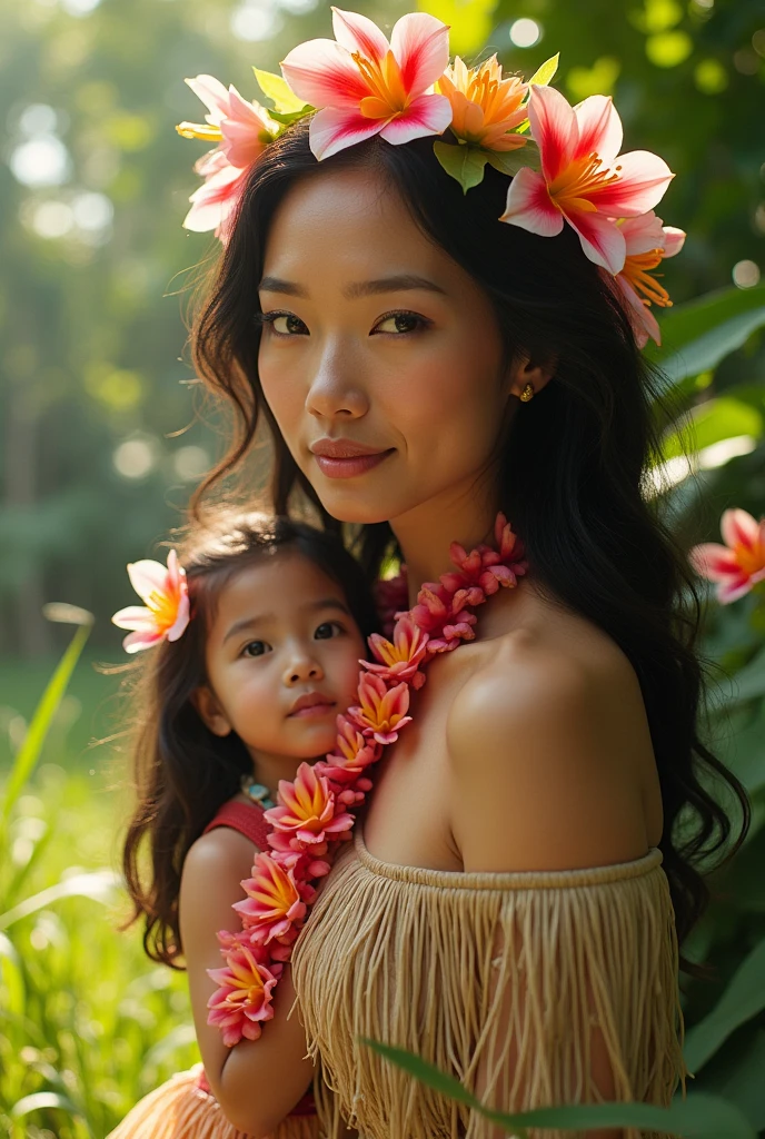 Lucy Liu wearing a garland of flowers, girl wearing a lei, grass skirt