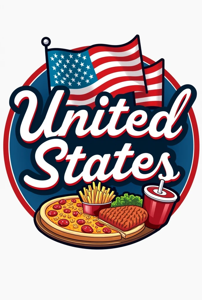 Create a logo with the US flag in the background, with the name UNITED STATES centered, in fond of American diners, curved style. The name United States being the main focus, with the pizza icons, French fries and fizzy soda below, blue colors, white and red, yellow to make food tastier