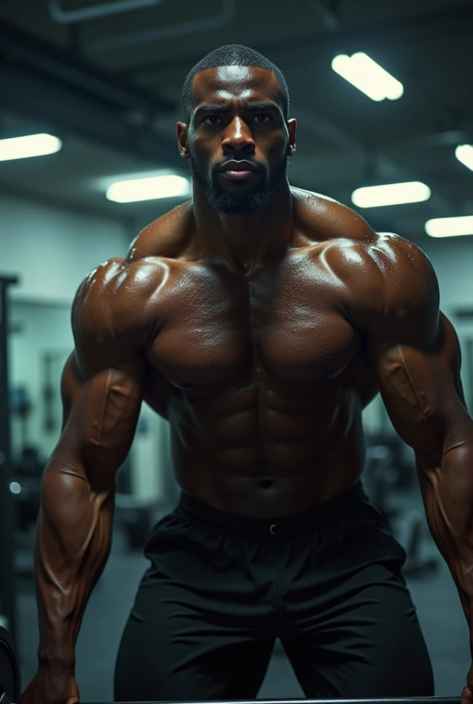 Dark skinned guy in the gym sweaty working out