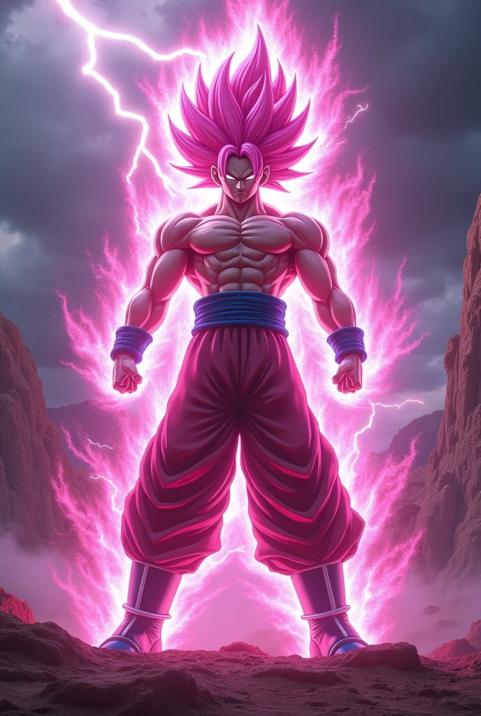 Create a completely new and advanced super saiyan form with magenta hair, magenta and magenta aura